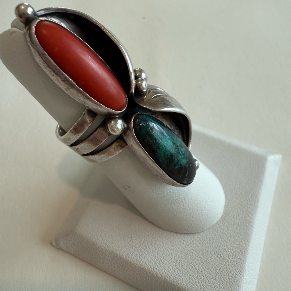 Tony Sanchez Handmade Sterling Silver Turquoise & Coral Leaf Ring Size 5.5 - Picture 4 of 7